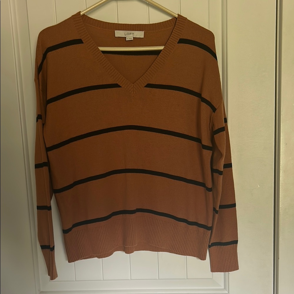 LOFT Burnt Orange and Black Striped V-Neck Sweater
